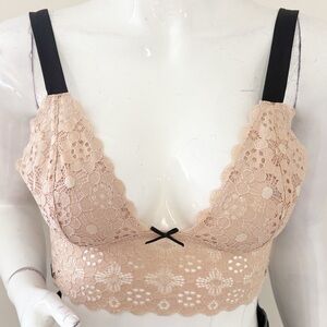 Fleur du Mal Crochet Lace Triangle Bra Bralette w Black Straps & Side Cutouts